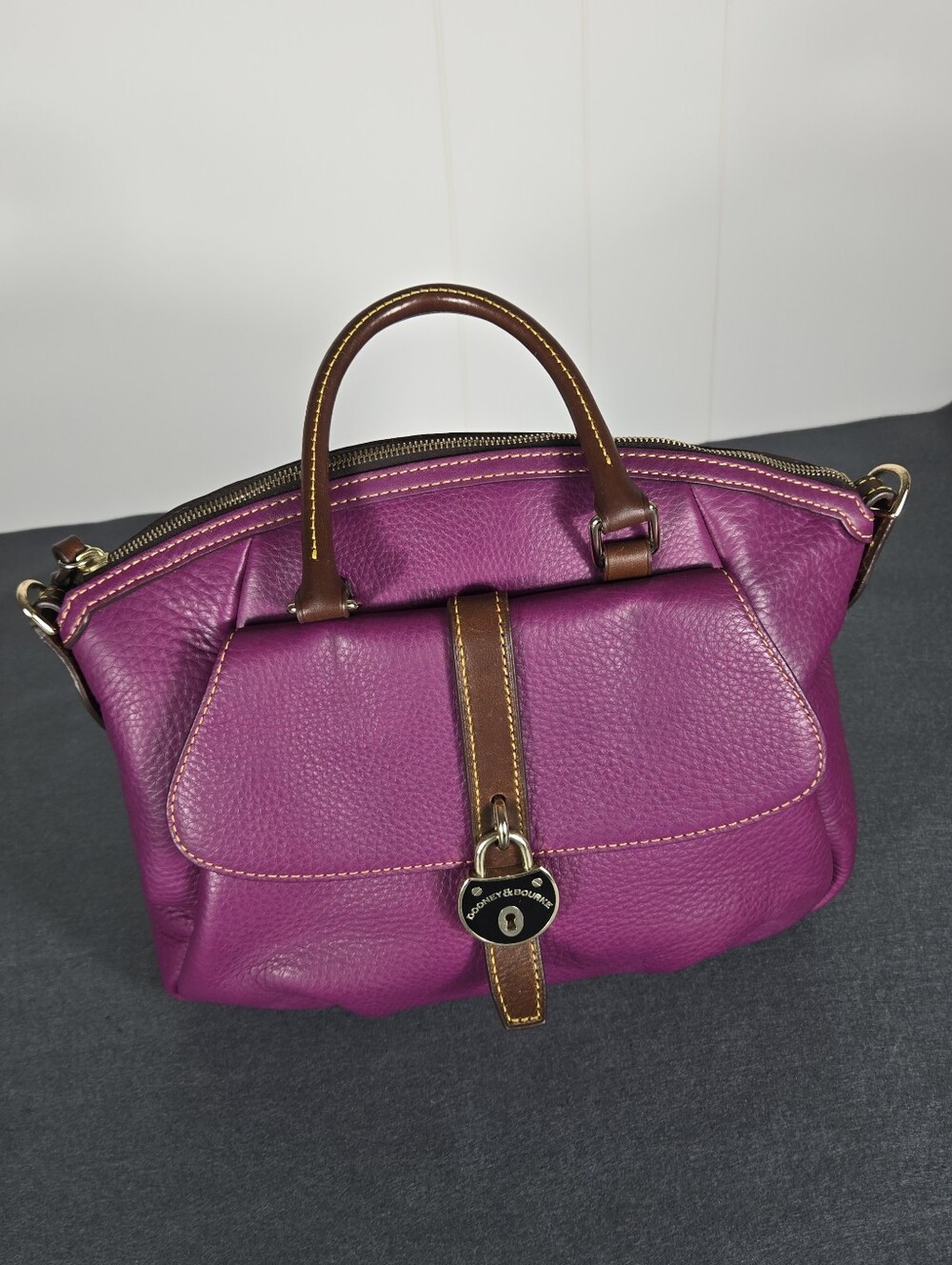 Dooney & Bourke Samba Magenta Pebble Leather Satchel with Brown Trim